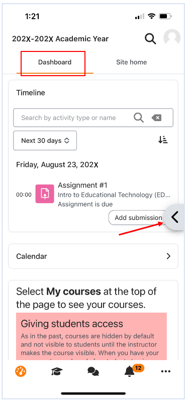 Moodle mobile app Dashboard with timeline