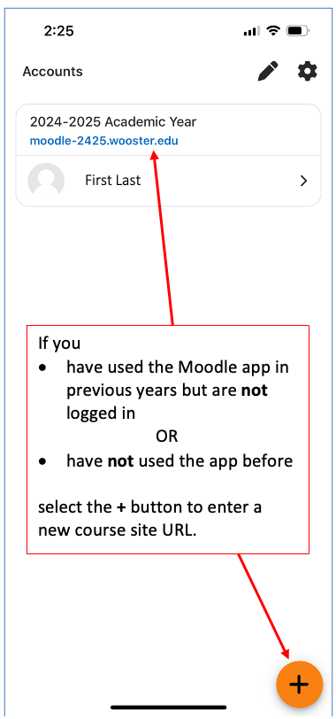 Moodle mobile app select orange plus sign to add new site