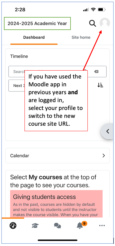 Moodle app profile in upper right