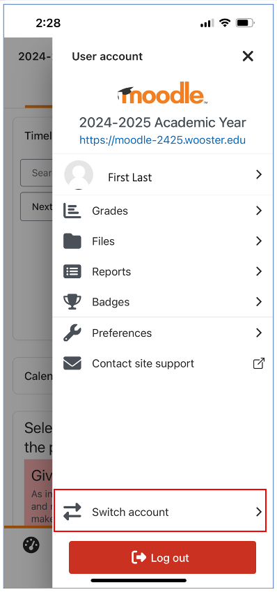 Moodle mobile app Switch account option